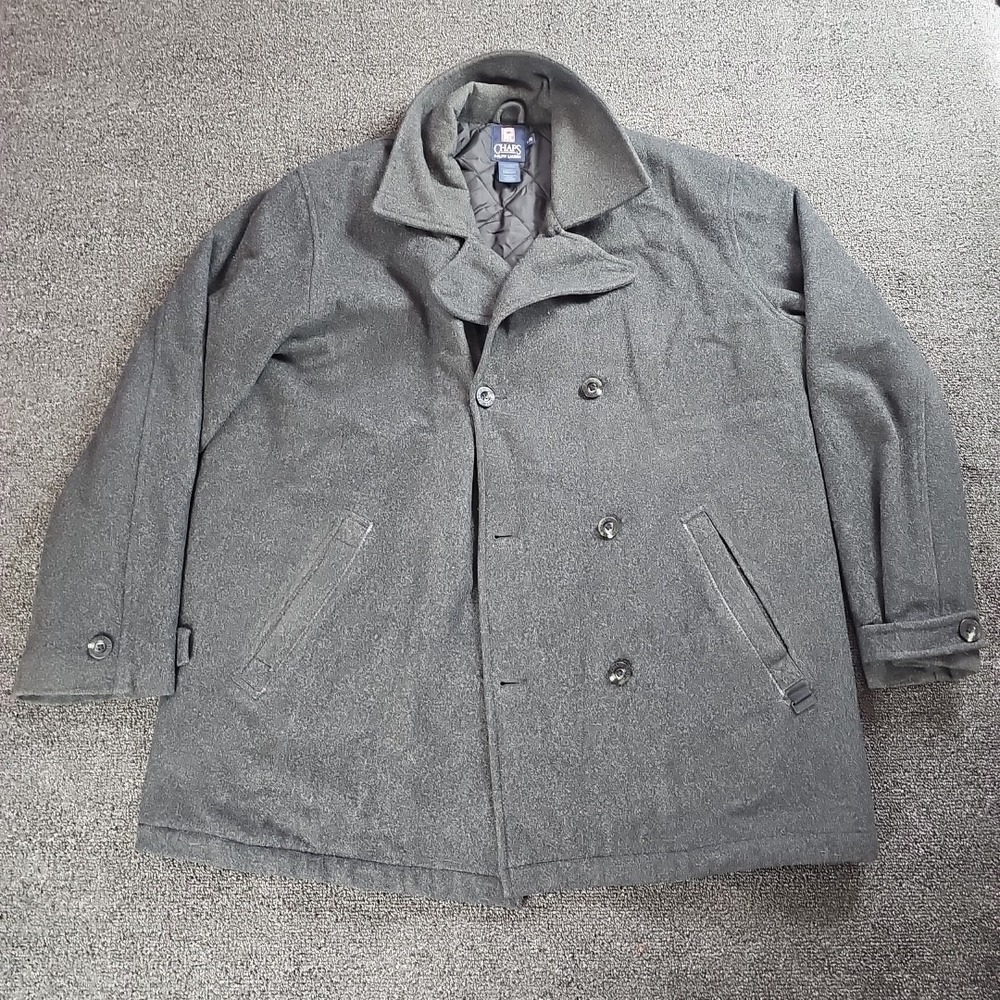 Chaps Pea Coat Mens L Gray Wool Blend Double Breasted Quilted Lined Jacket
